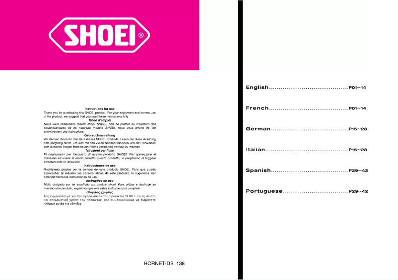 Page 1 of the manual User Manual Shoei Hornet-DS