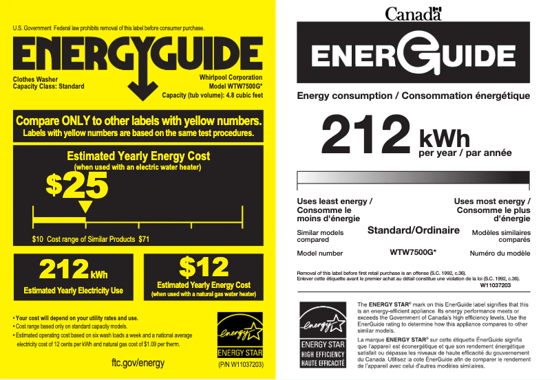 Page n°1 - Label énergétique Whirlpool WTW7500GW