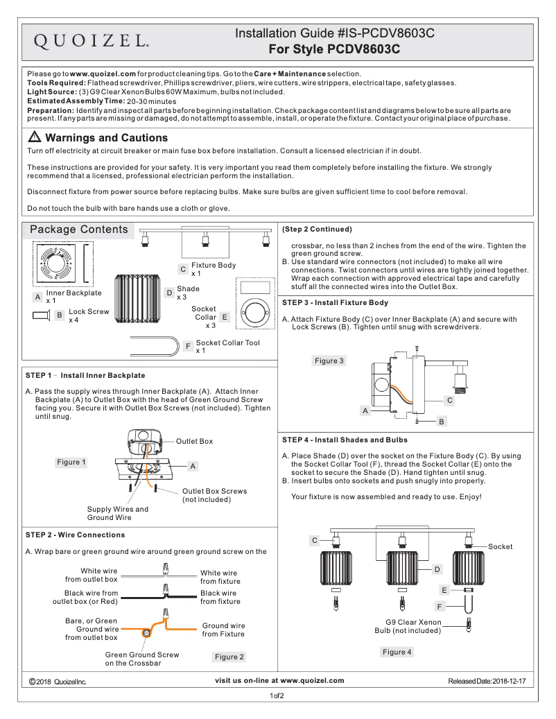 Page 1 de la notice Manuel utilisateur Quoizel Platinum PCDV8603C