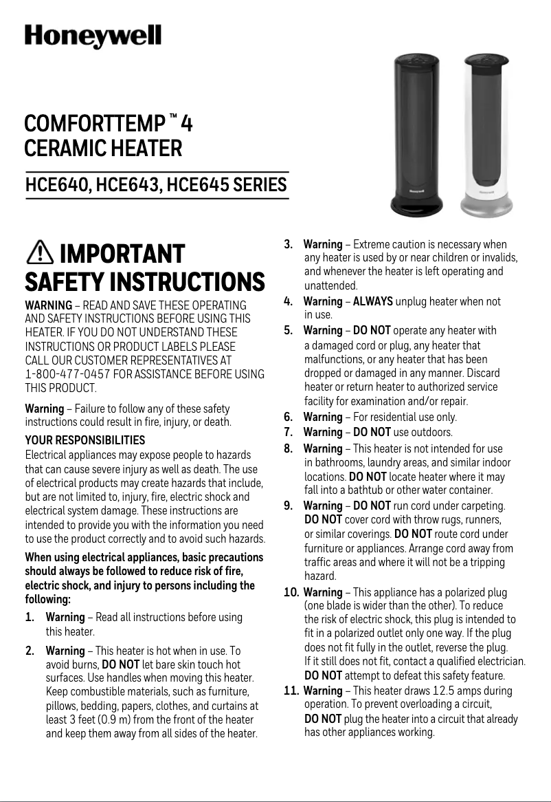 Page 1 de la notice Manuel utilisateur Honeywell ComfortTemp 4 HCE640