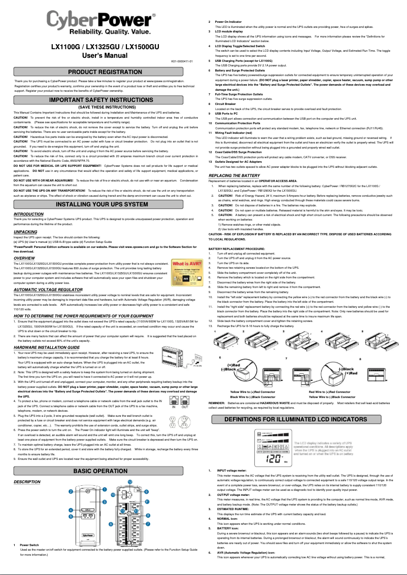 Page 1 de la notice Manuel utilisateur CyberPower LX1325GU