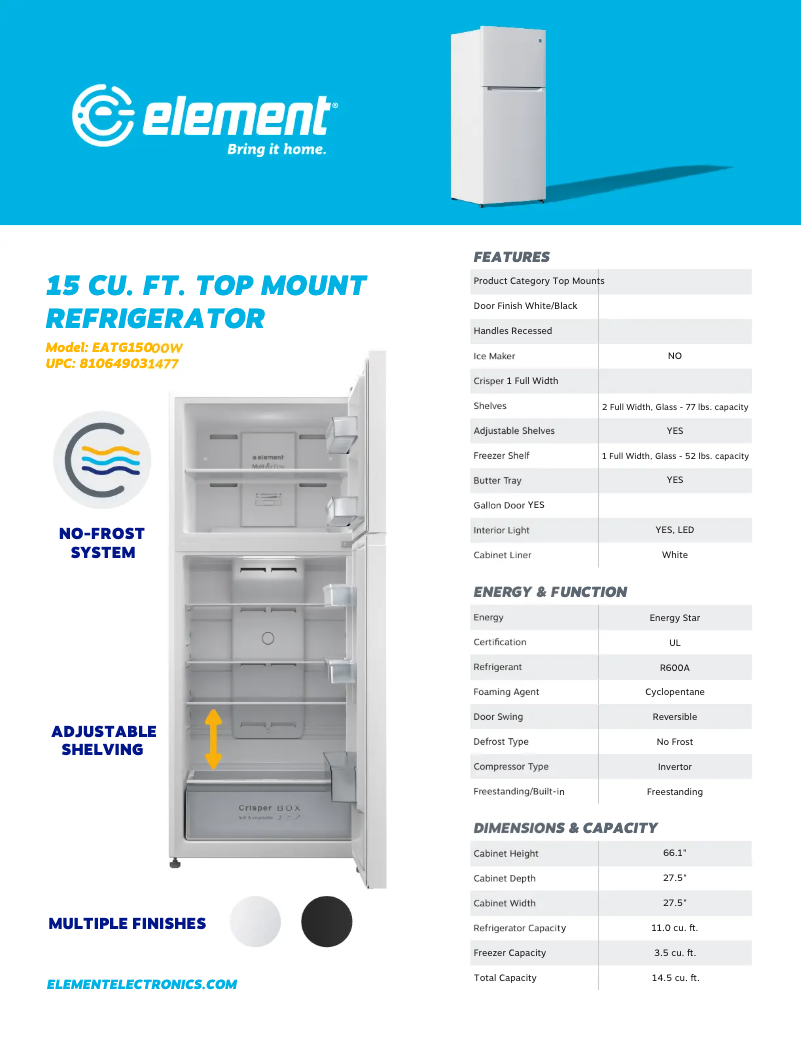 Page 1 de la notice Fiche technique Element EATG1500W