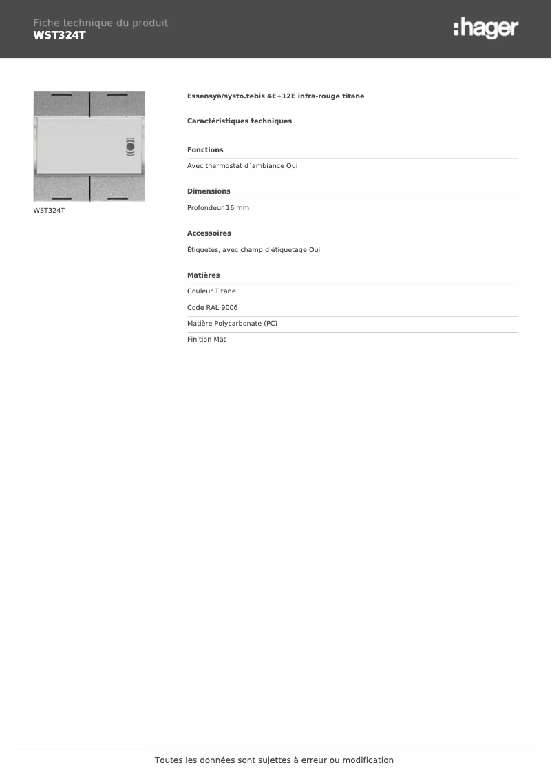 Page n°1 - Fiche technique Hager WST324T