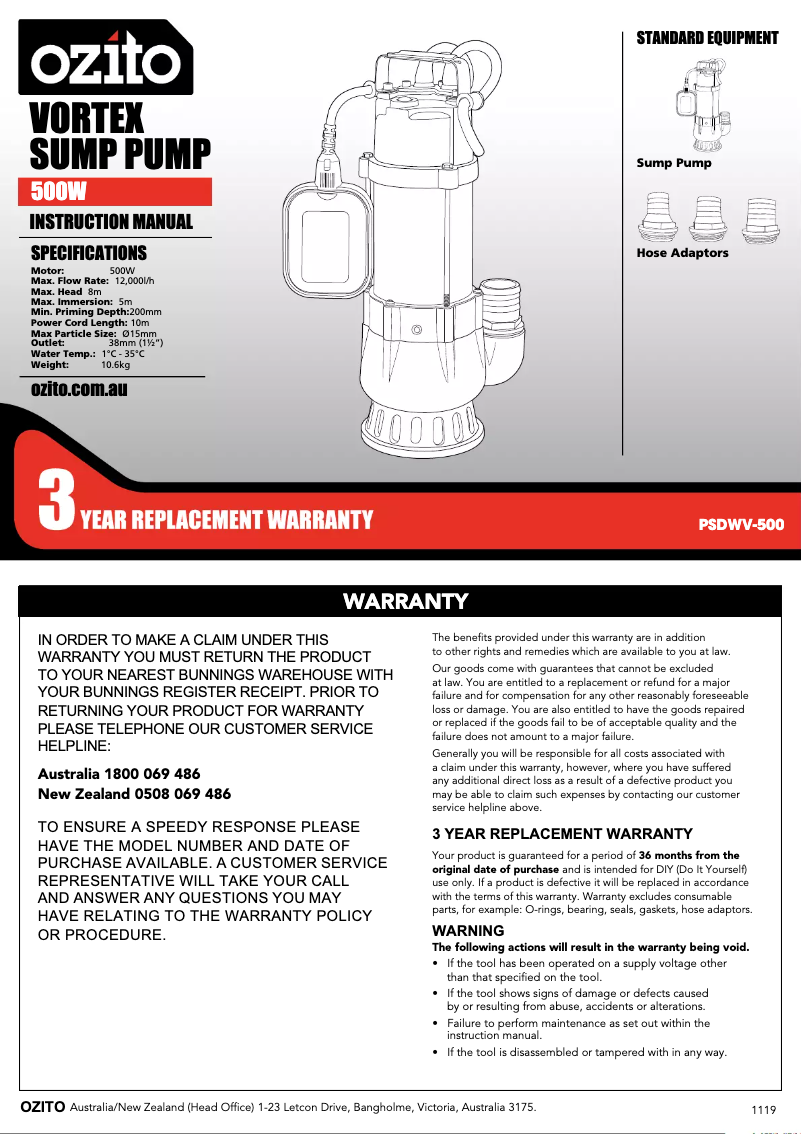 Page n°1 - Manuel utilisateur Ozito PSDWV-500