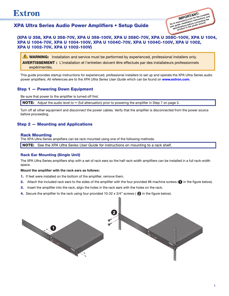 Page n°1 - Manuel utilisateur Extron XPA U 1002