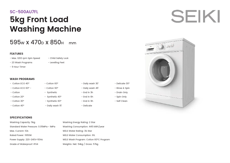 Page 1 de la notice Fiche technique Seiki SC-500AU7FL