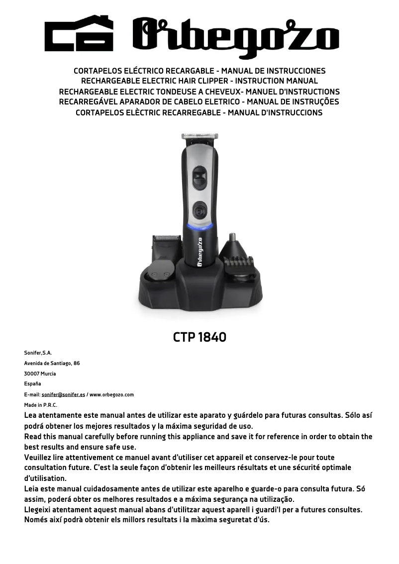 Page 1 de la notice Manuel utilisateur Orbegozo CTP 1840