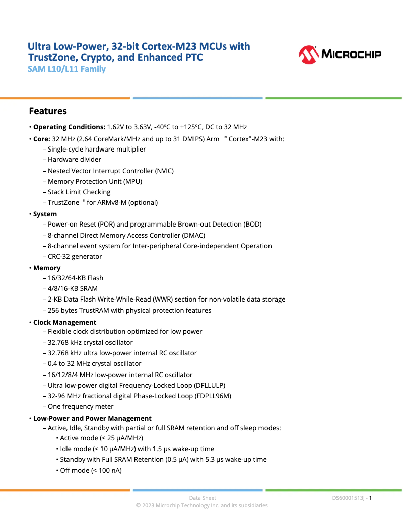 Página 1 del manual Ficha técnica Microchip ATSAML10E15A