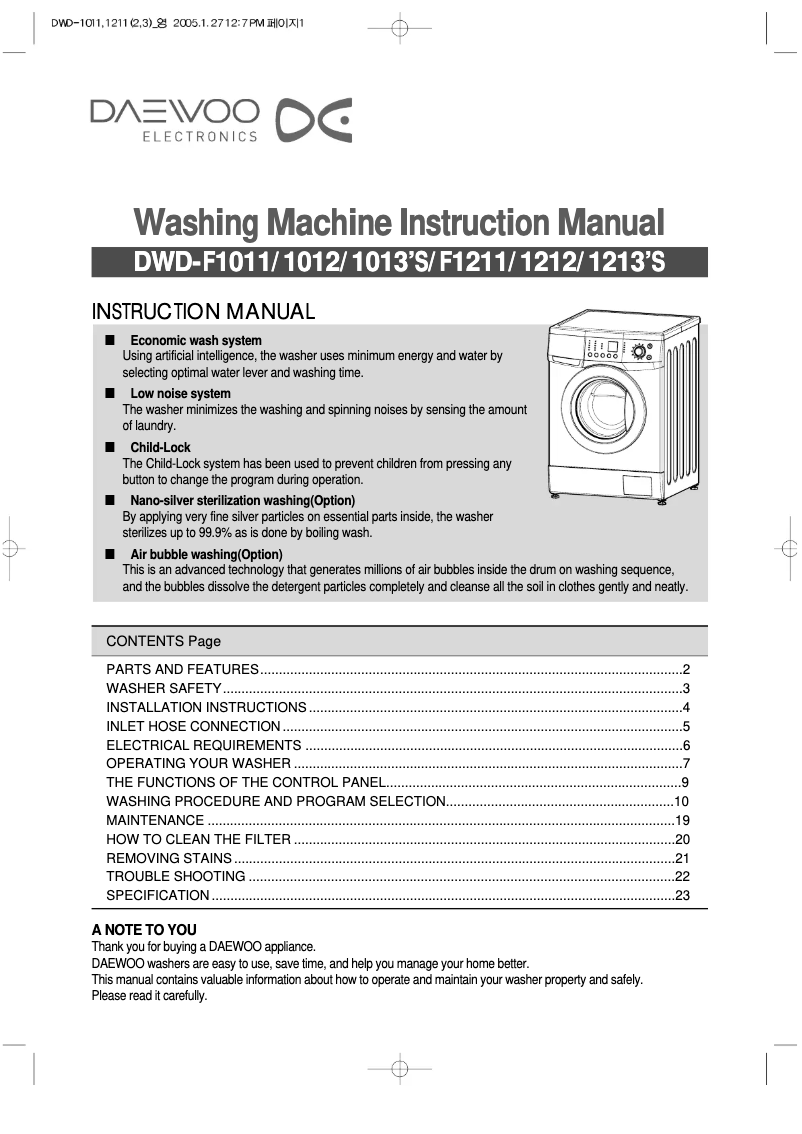Page n°1 - Manuel utilisateur Daewoo DWD-F1211