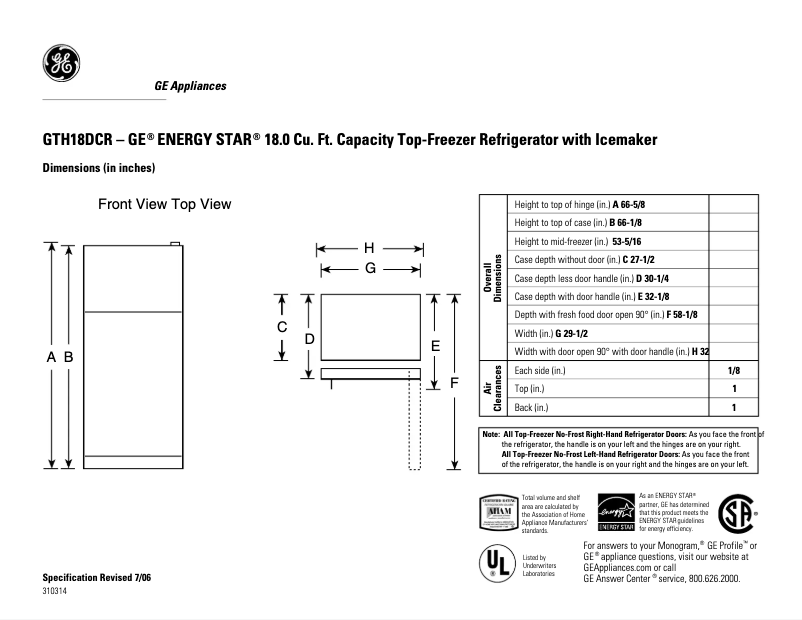 Page 1 de la notice Fiche technique GE GTH18DCRRWW