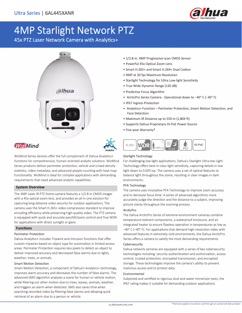 Page 1 de la notice Fiche technique Dahua Technology 6AL445XANR