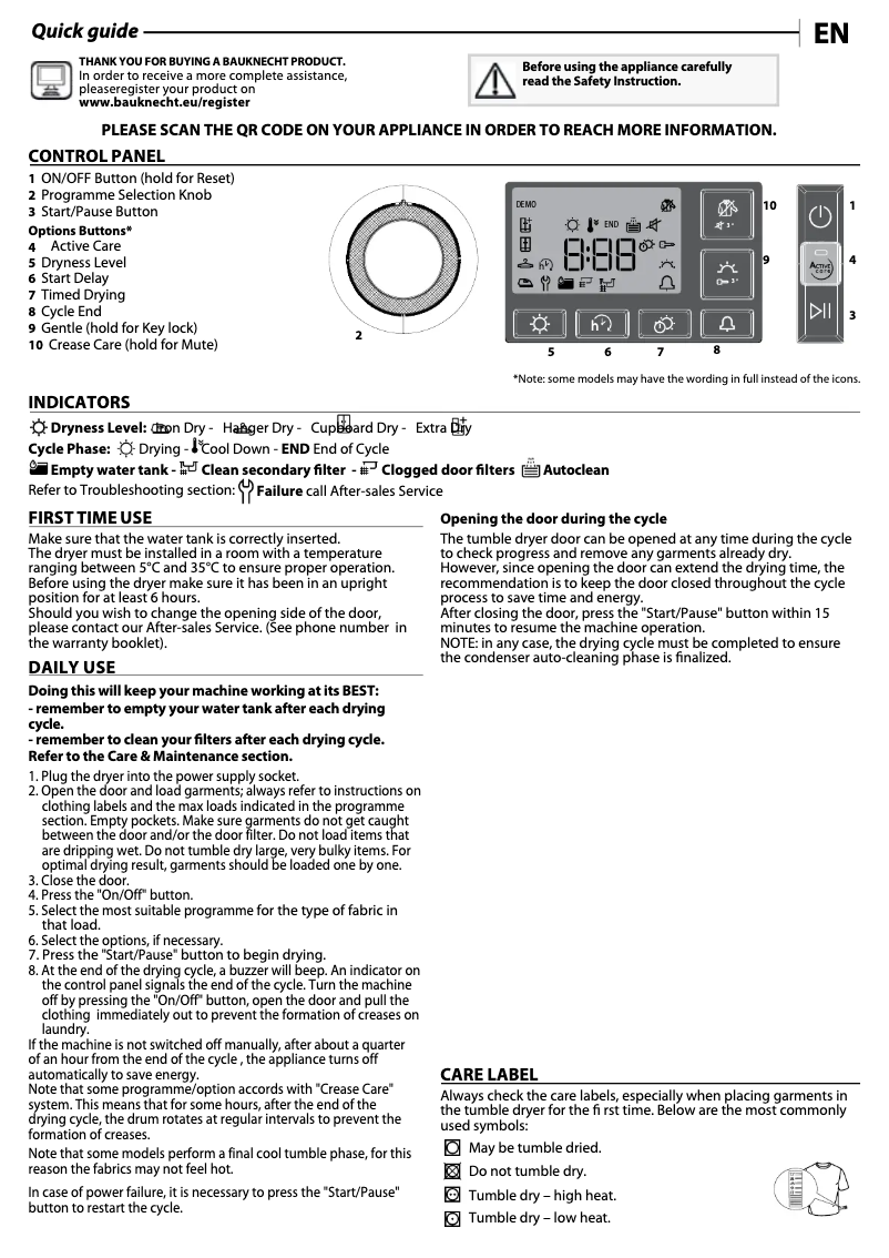 Page 1 de la notice Manuel utilisateur Bauknecht T M11 9X3EY DE