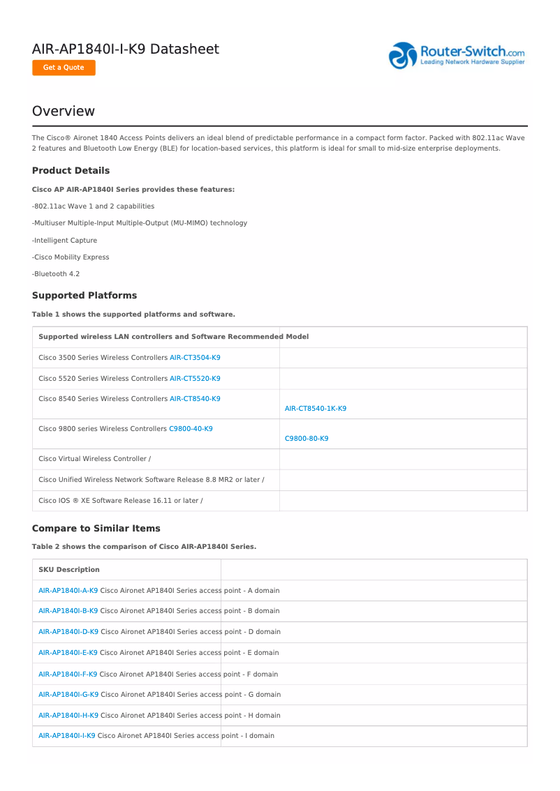 Page 1 de la notice Manuel utilisateur Cisco AIR-AP1840I-E-K9C