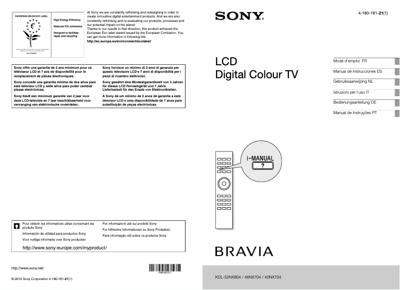 Page 1 de la notice Manuel utilisateur Sony Bravia KDL-46NX704