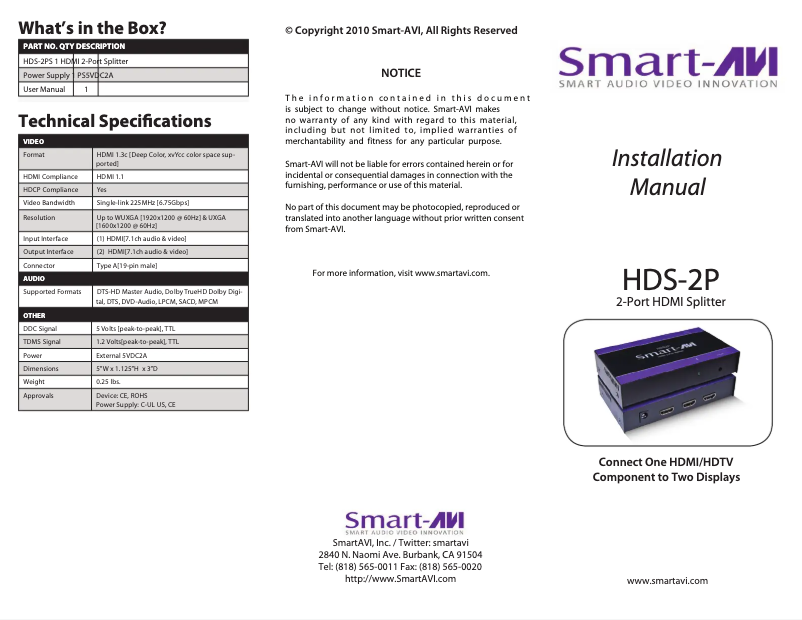Page 1 de la notice Manuel utilisateur Smart-AVI HDS2PS