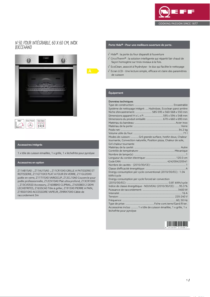 Page 1 de la notice Fiche technique Neff B3CCE4AN0