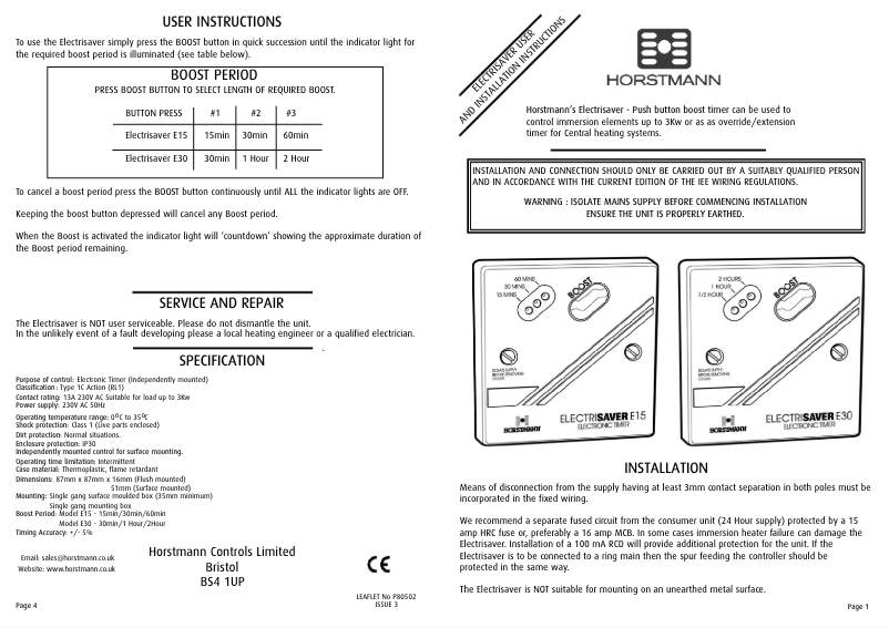 Página 1 del manual Manual de usuario Horstmann ElectriSaver E30