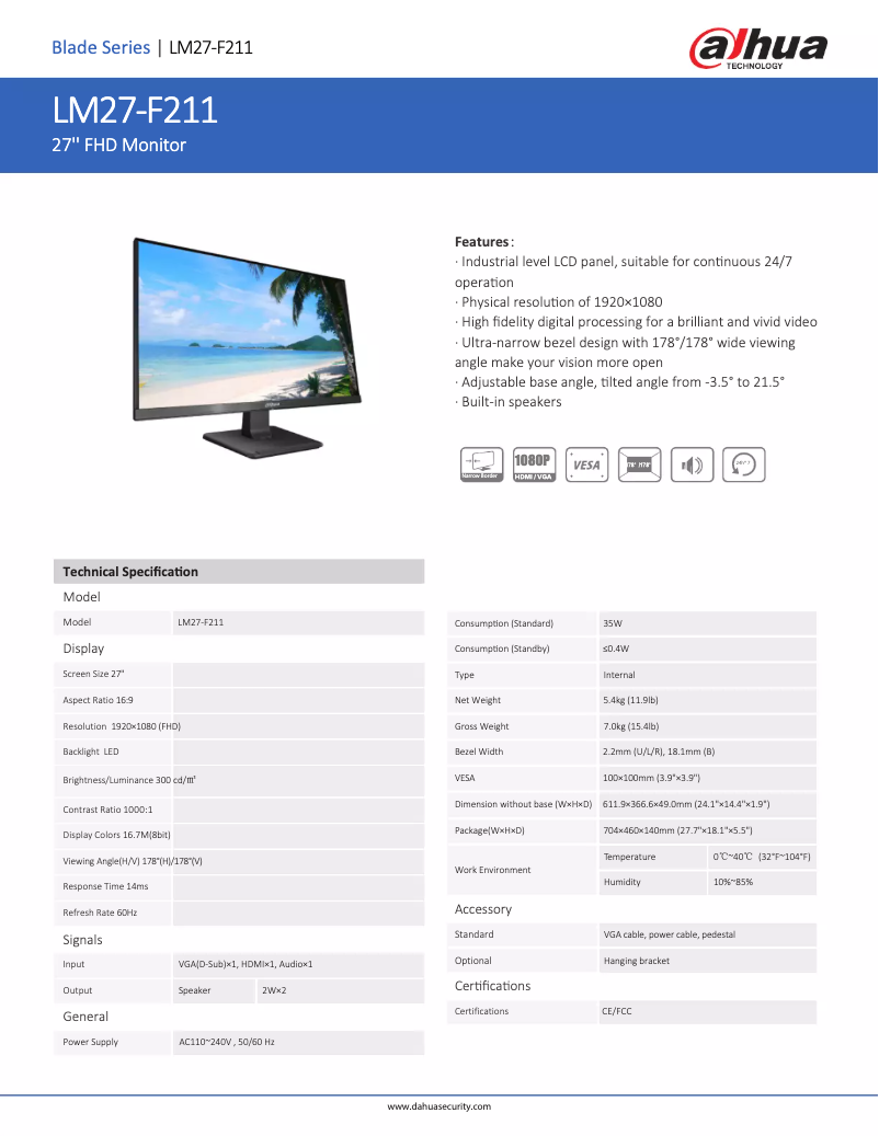 Page n°1 - Fiche technique Dahua Technology LM27-F211