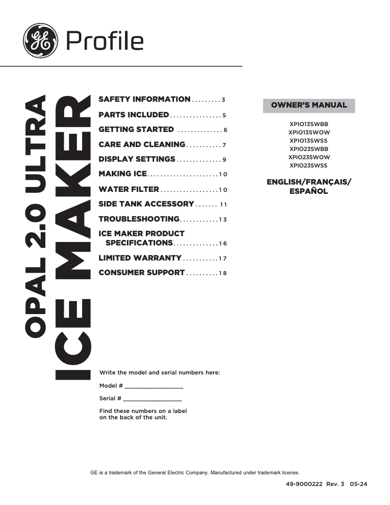 Page 1 of the manual User Manual GE Profile Opal XPIO13SWOW