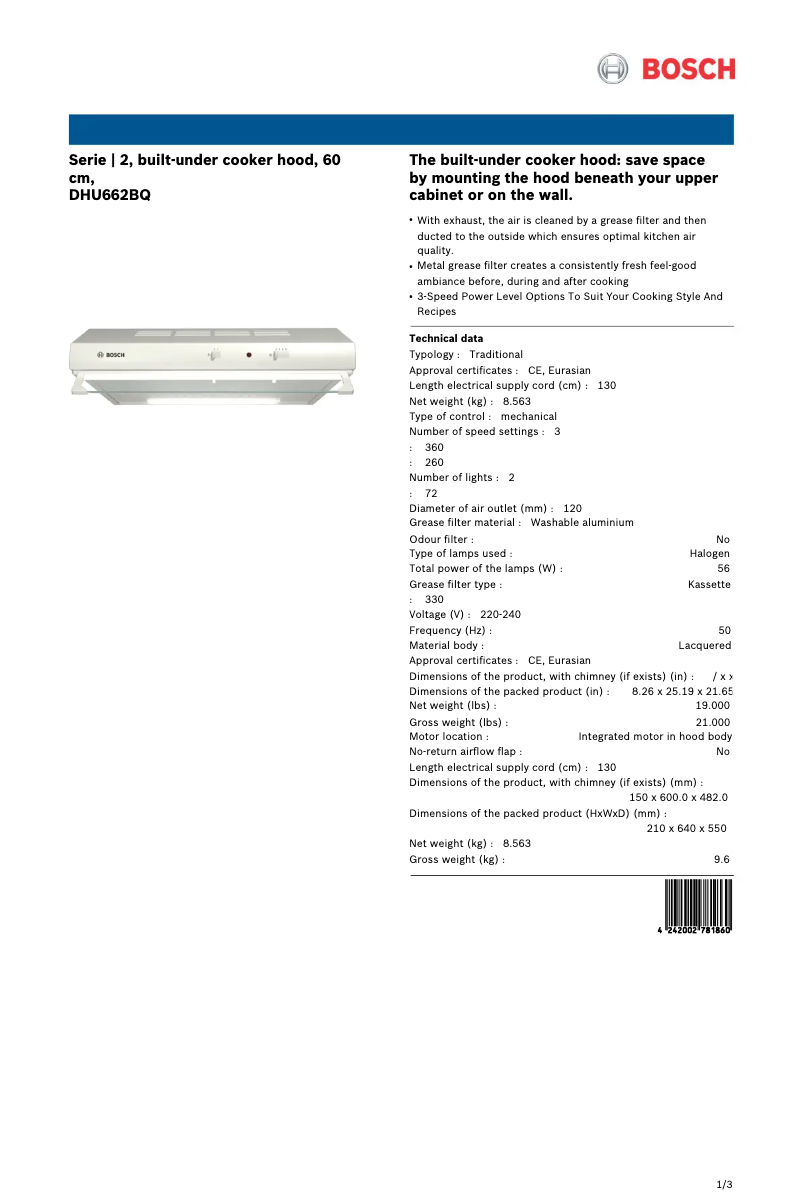 Page 1 of the manual Technical Sheet Bosch DHU662BQ