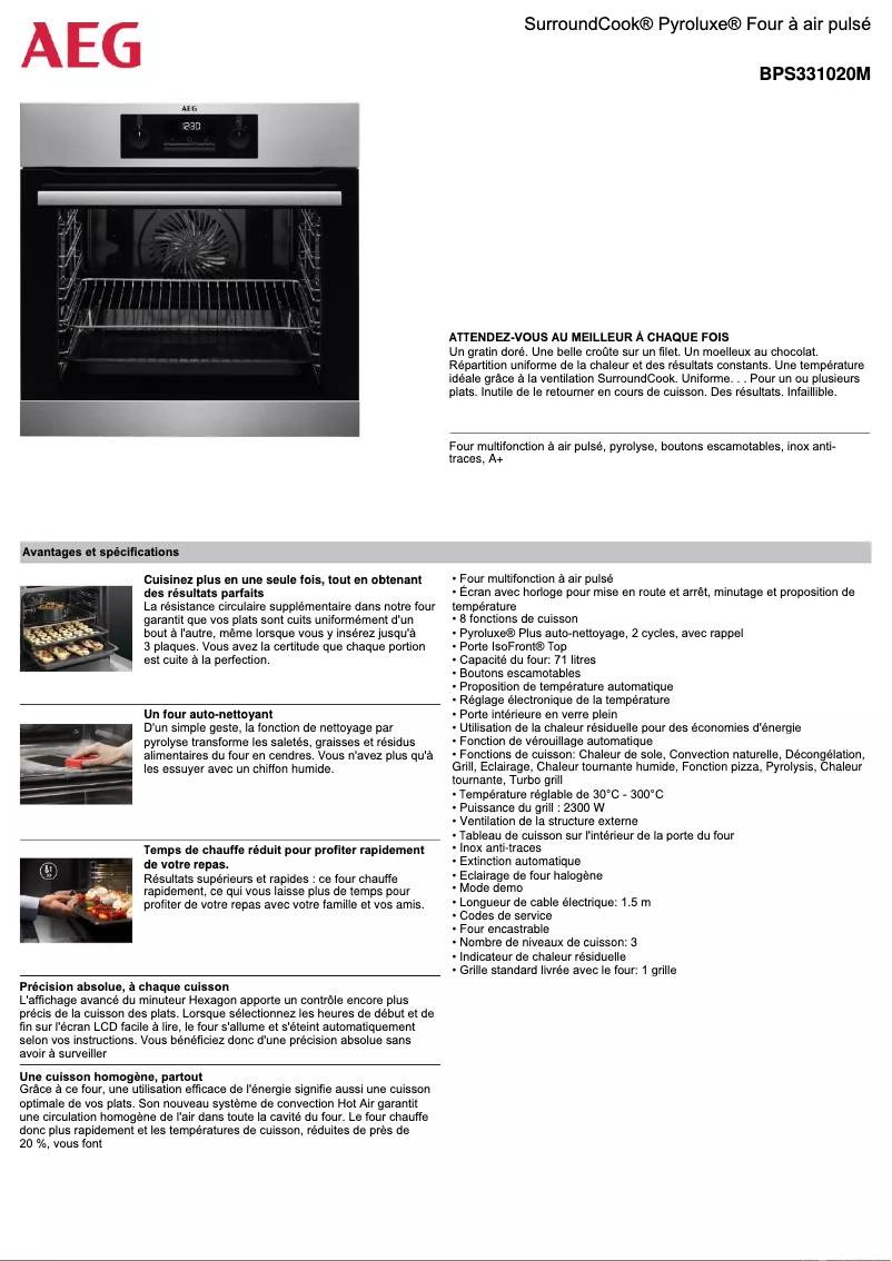Page 1 de la notice Fiche technique AEG BPS331020M