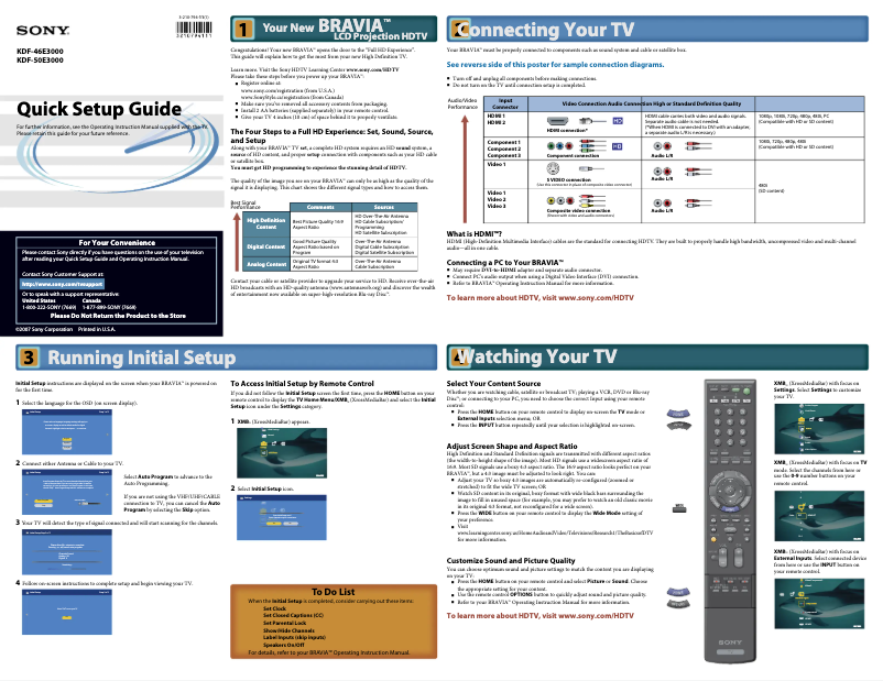 Page 1 de la notice Guide d'installation Sony KDF-46E3000