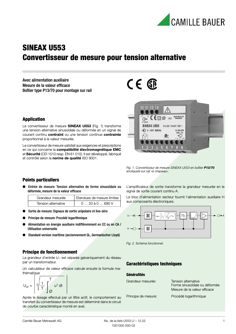 Page n°1 - Fiche technique Camille Bauer SINEAX U553