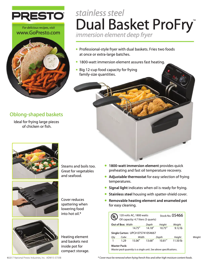 Page 1 de la notice Fiche technique Presto ProFry 05466