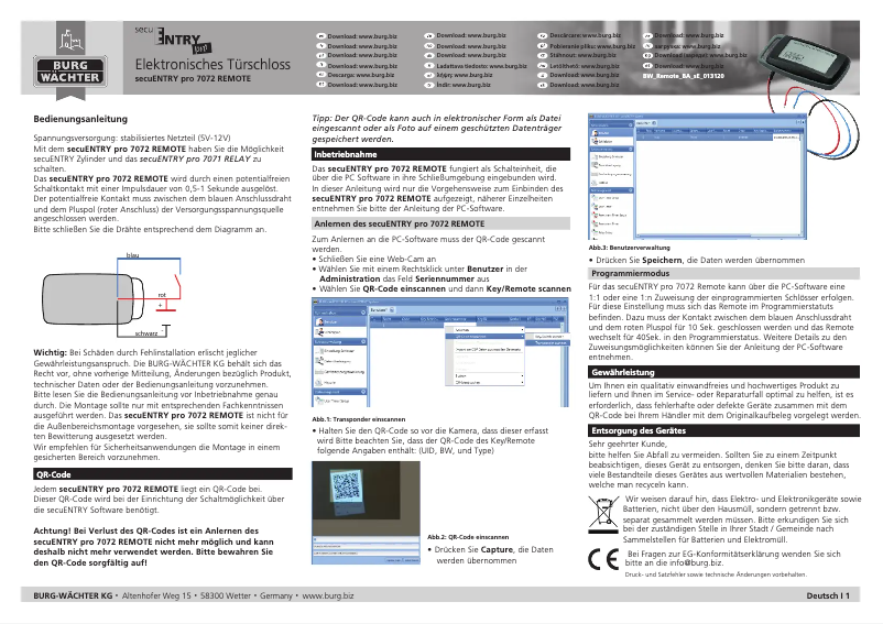 Page 1 de la notice Manuel utilisateur Burg Wächter secuENTRY pro 7072