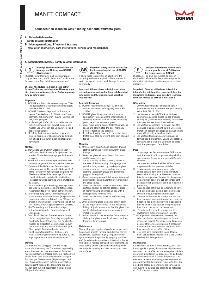 Page 1 de la notice Manuel utilisateur Dormakaba Manet