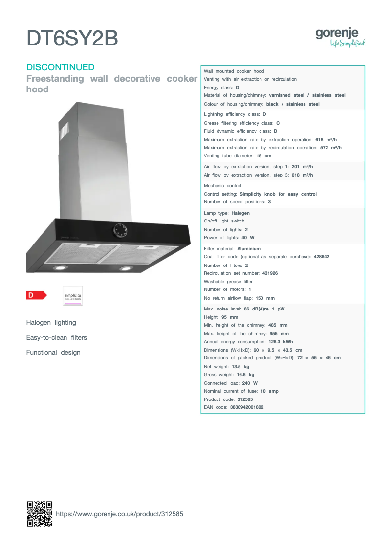 Page n°1 - Fiche technique Gorenje DT6SY2B