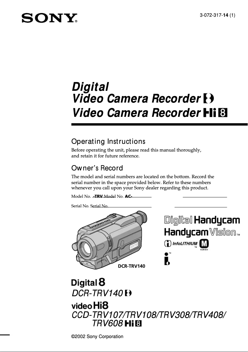 Page 1 de la notice Manuel utilisateur Sony CCD-TRV107