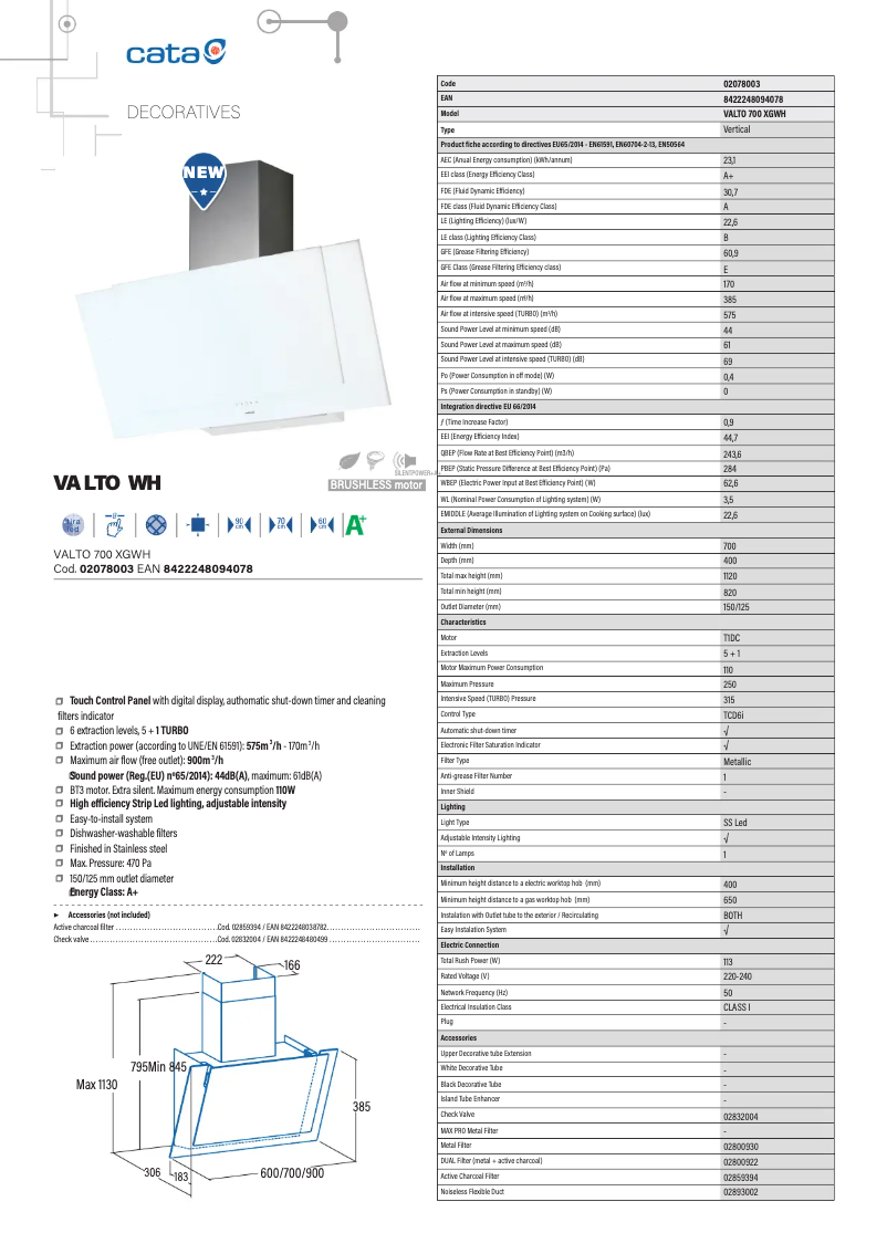 Page 1 de la notice Fiche technique CATA VALTO WH