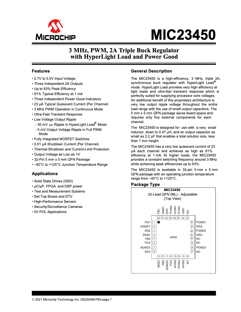 Page 1 de la notice Fiche technique Microchip MIC23450