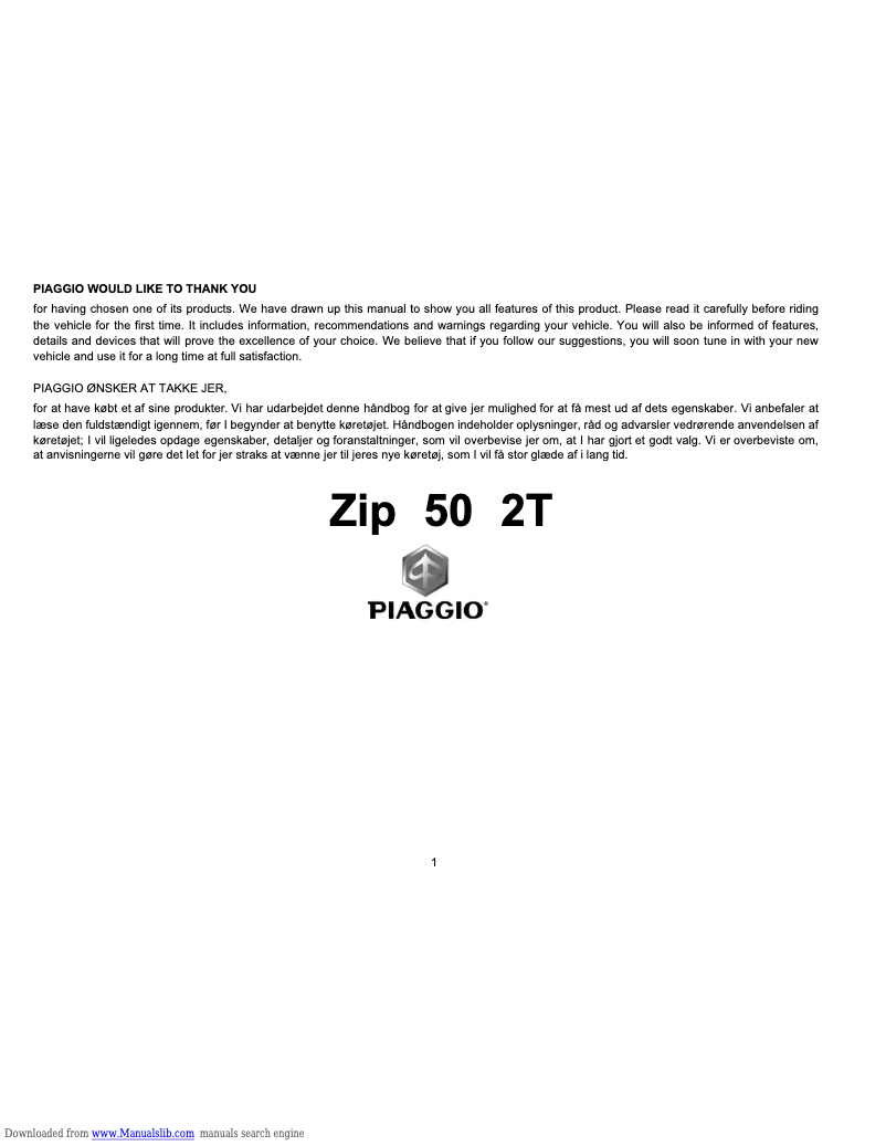 Page n°1 - Manuel utilisateur Piaggio ZIP 50 2T