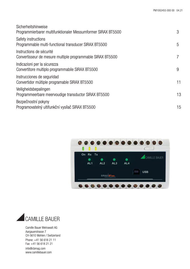 Página 1 del manual Instrucciones de seguridad Camille Bauer SIRAX BT5500
