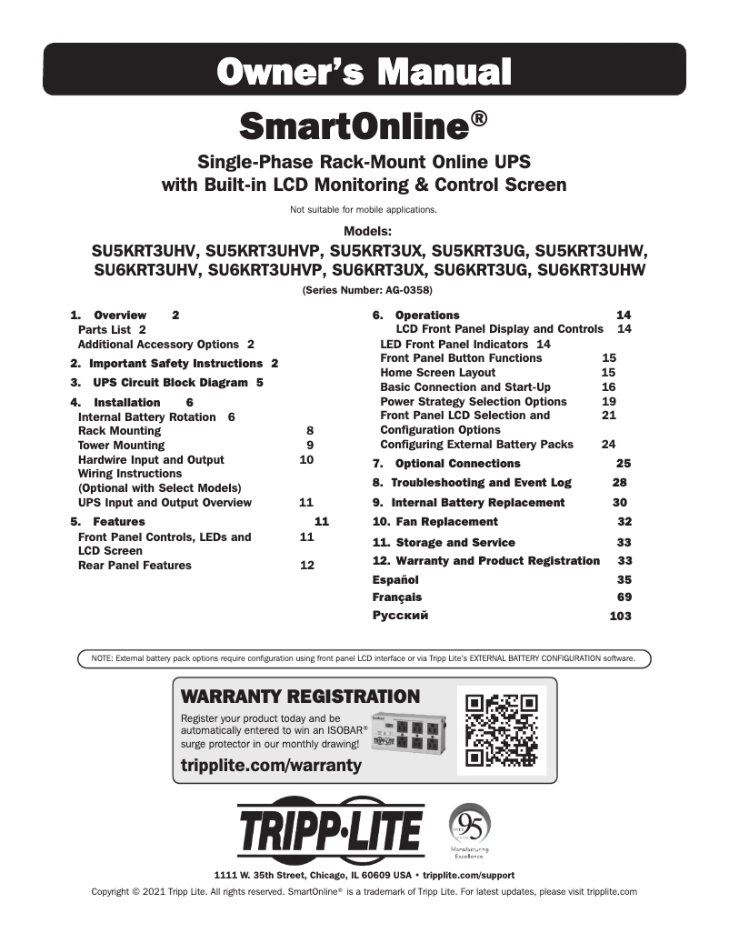 Page 1 de la notice Manuel utilisateur Tripp Lite SU5KRT3UX