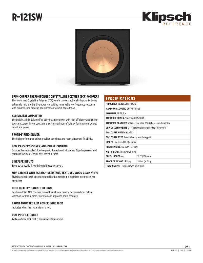 Page n°1 - Fiche technique Klipsch R-121SW