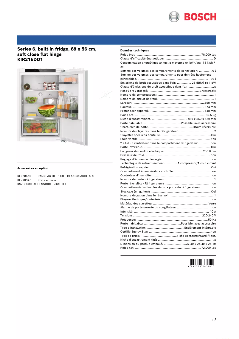 Page n°1 - Fiche technique Bosch KIR21EDD1