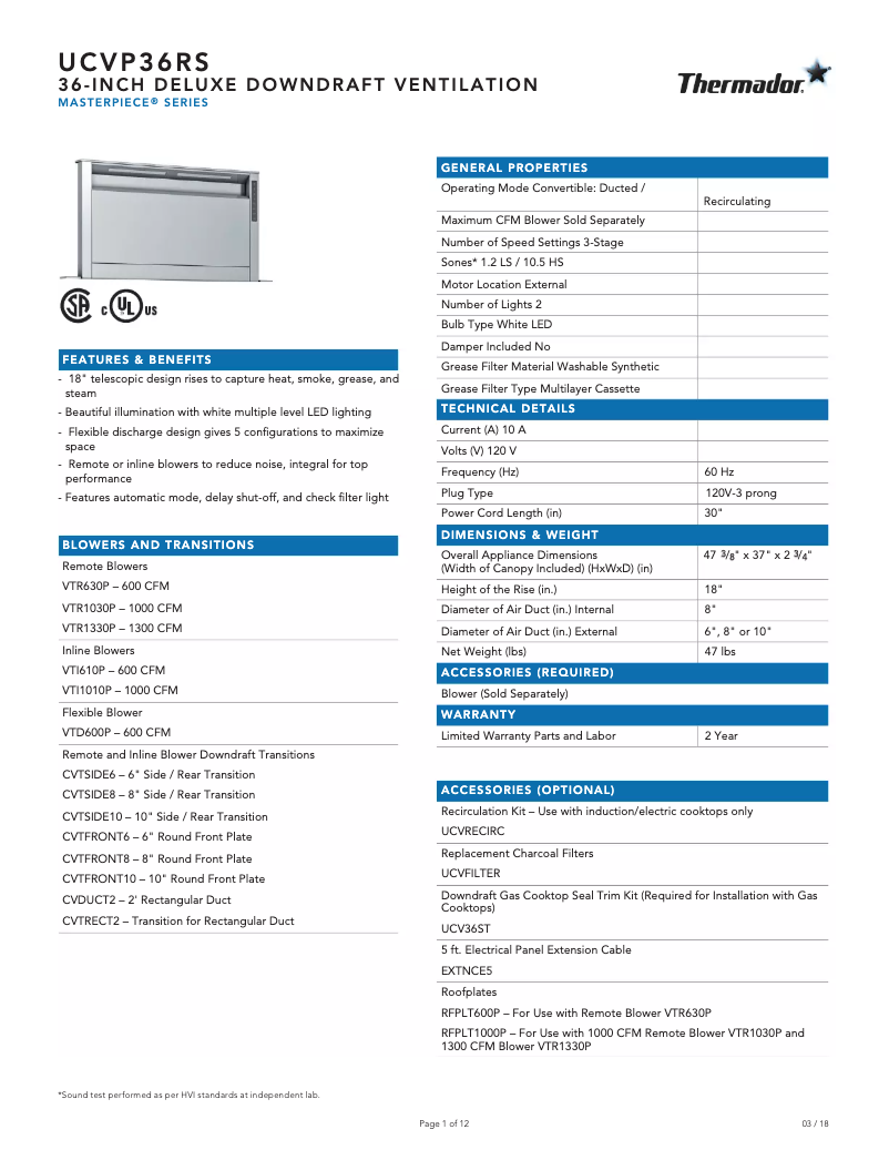 Page 1 de la notice Fiche technique Thermador UCVP36RS
