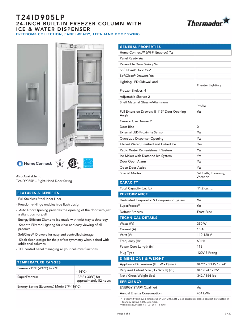 Page 1 de la notice Fiche technique Thermador T24ID905LP