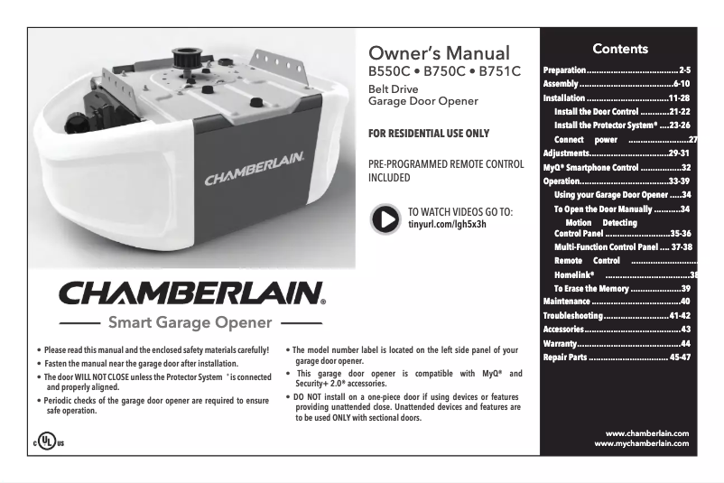 Page 1 de la notice Manuel utilisateur Chamberlain B550C