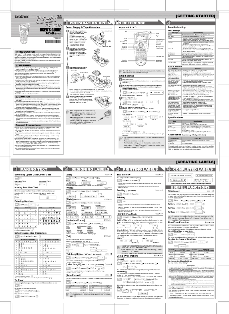 Page n°1 - Manuel utilisateur Brother P-Touch 1010