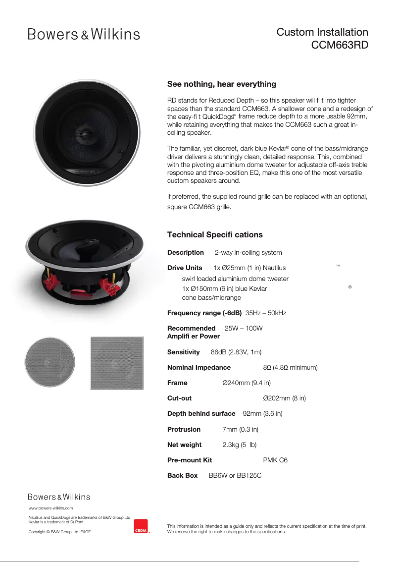 Page 1 de la notice Fiche technique Bowers & Wilkins CCM663RD