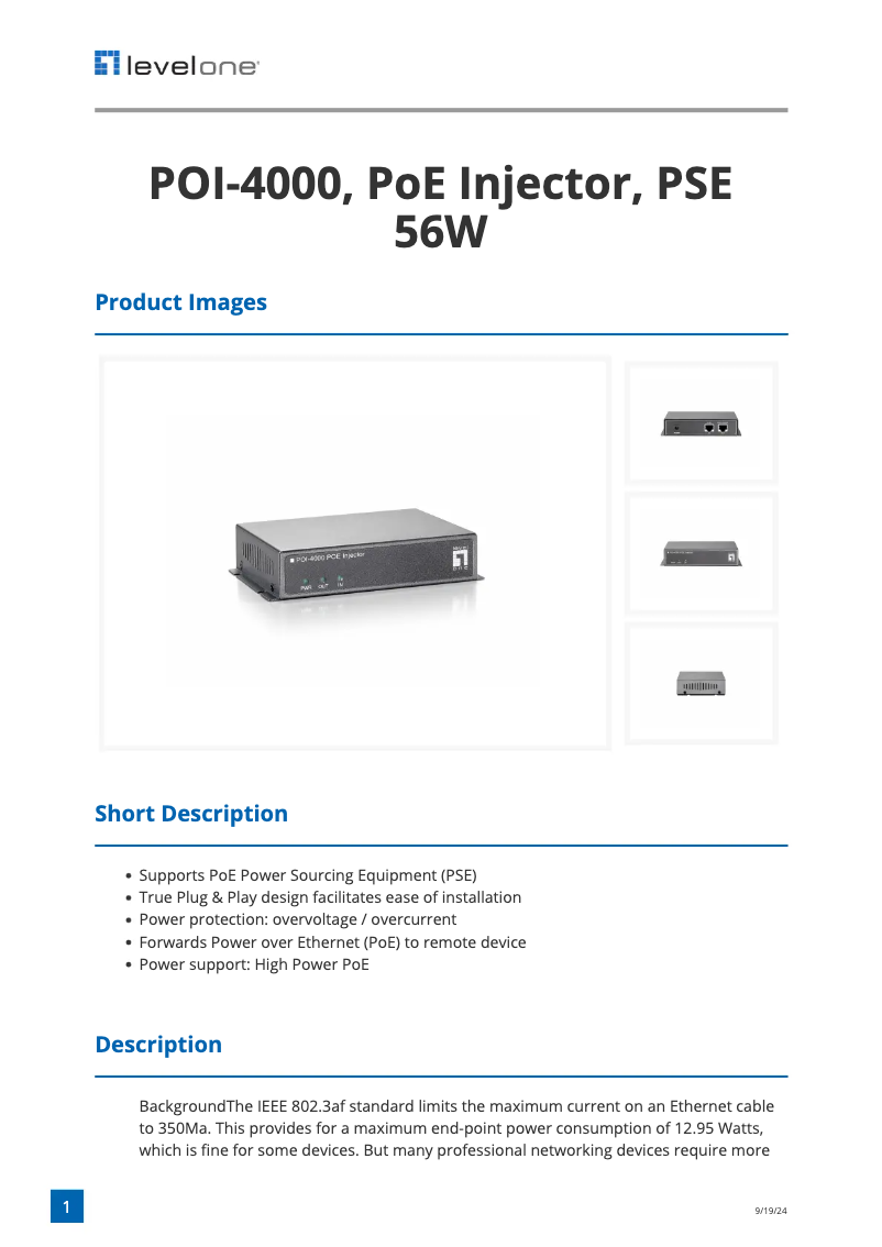 Page 1 de la notice Fiche technique LevelOne POI-4000