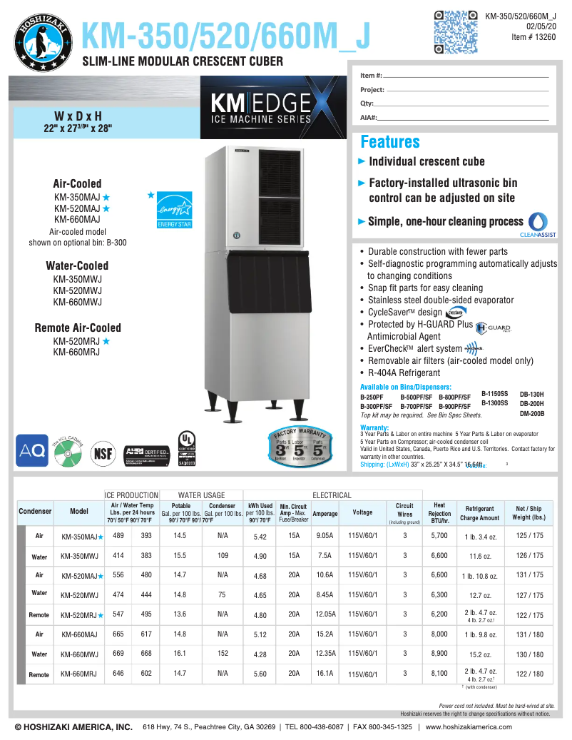 Page 1 de la notice Fiche technique Hoshizaki KM-340MAH