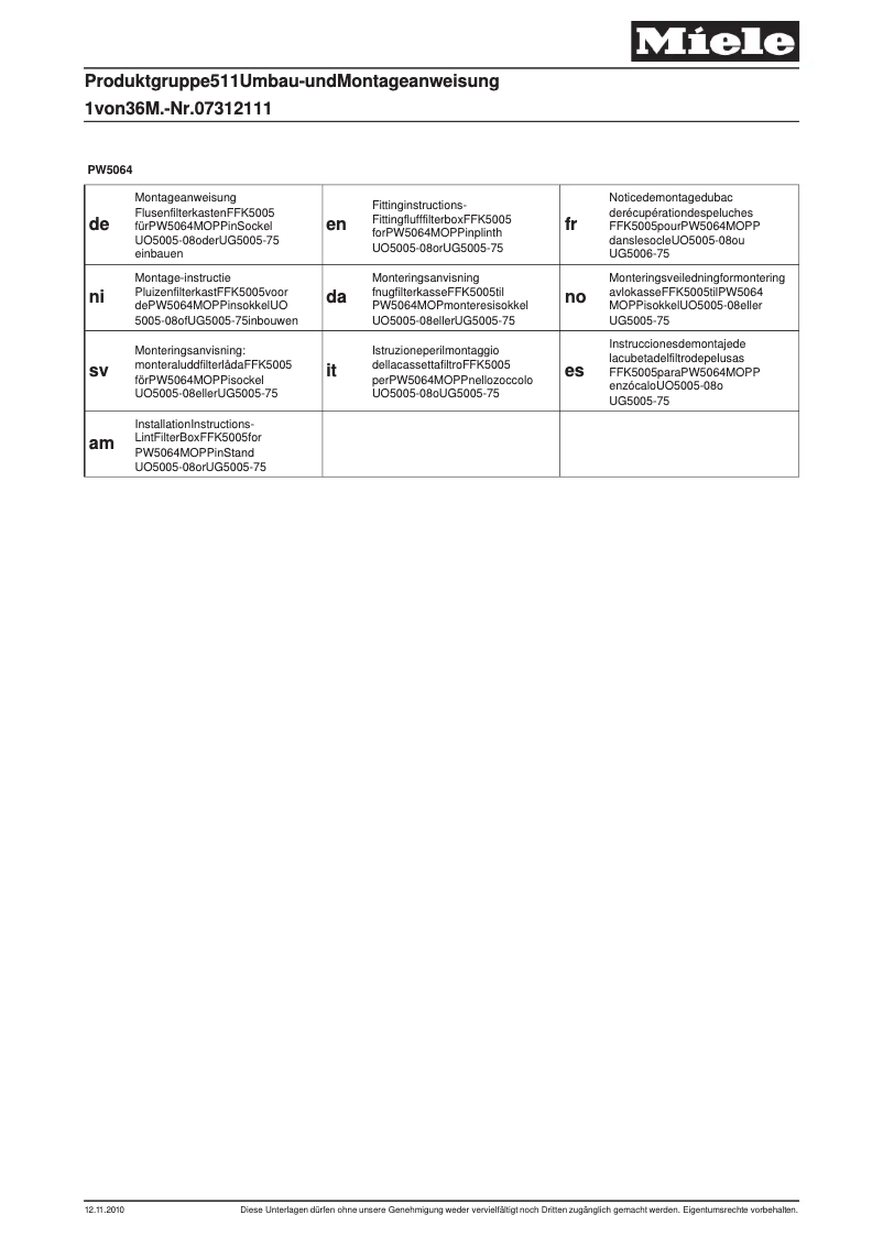 Page n°1 - Manuel utilisateur Miele UG 5005-75 FFK