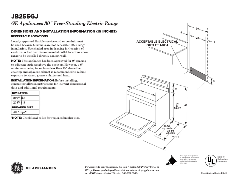 Page 1 de la notice Fiche technique GE JB255GJSA