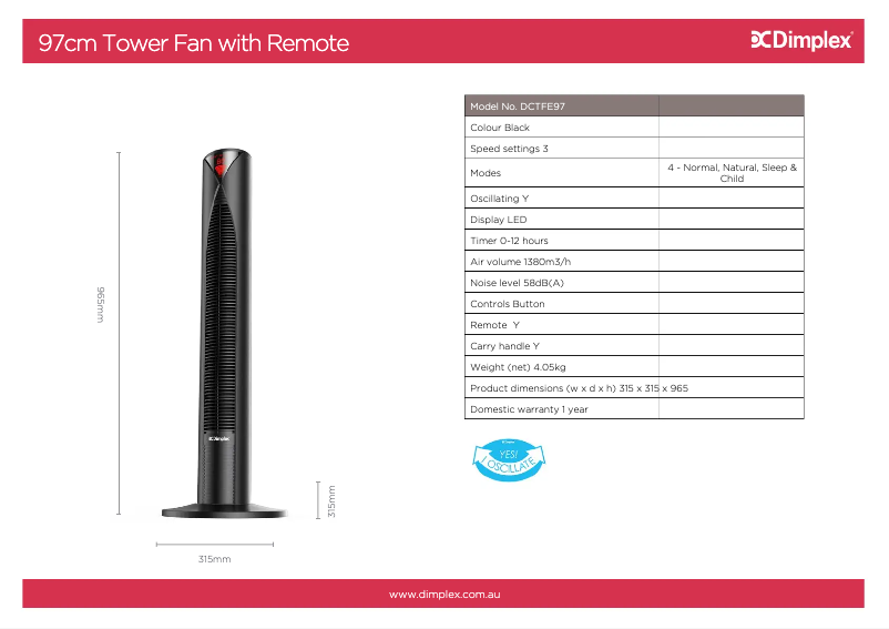 Page 1 de la notice Fiche technique Dimplex DCTFE97