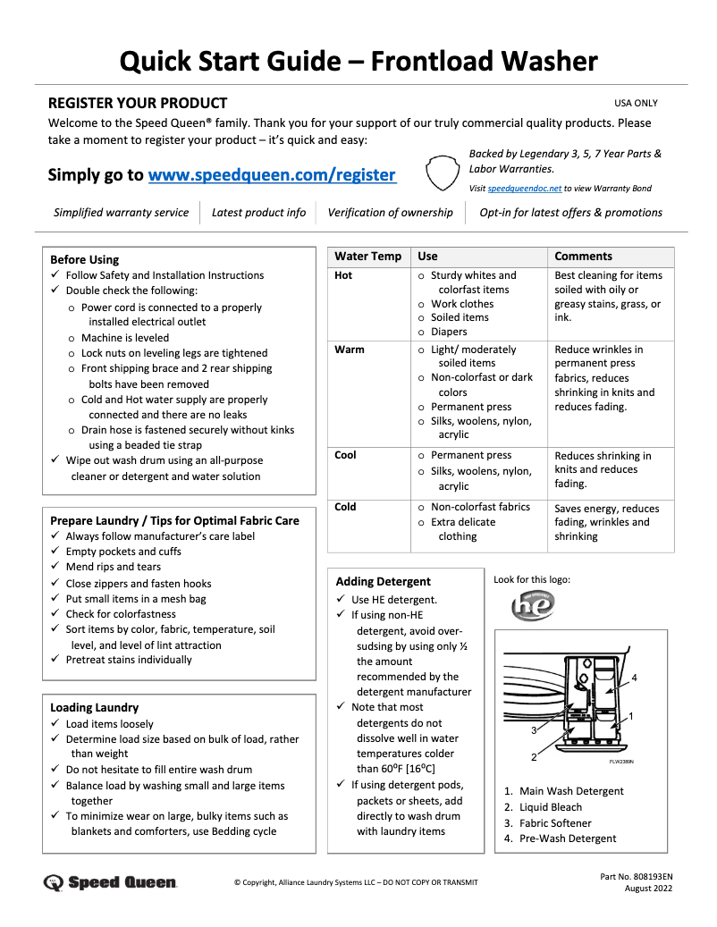 Page n°1 - Guide de démarrage rapide Speed Queen SF7007BG